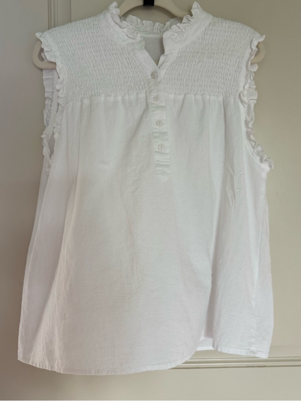 White Smocked Ruffle Blouse Sleeveless Boho Feminine Top M